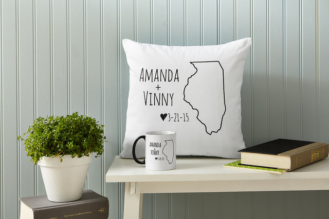 Personalized state Illinois pillow with ceramic mug book and plant romantic gift 