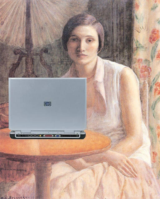 Portrait of a Woman Blogger on an HP Laptop after Frederick Carl Frieseke