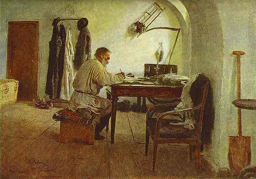 Leo Tolstoy writing in his study.