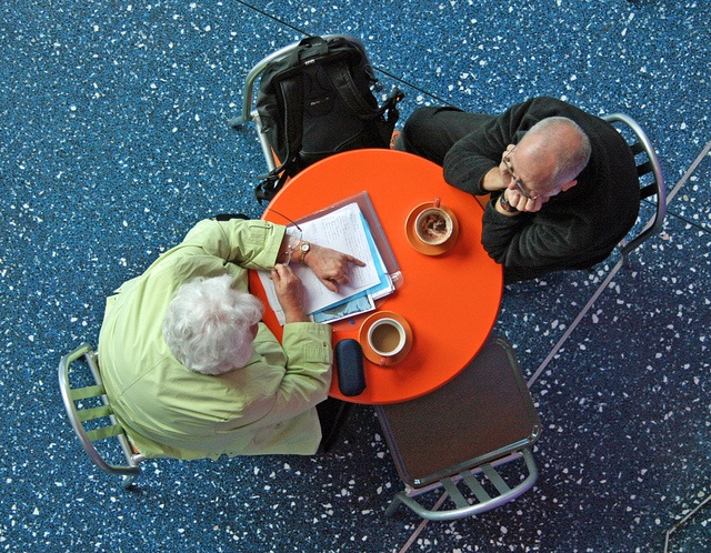 Two people having discussion over coffee. 